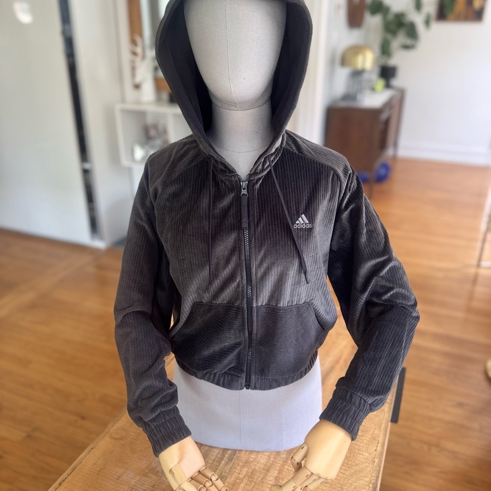 Adidas Charcoal Velour Zip-Up Hoodie